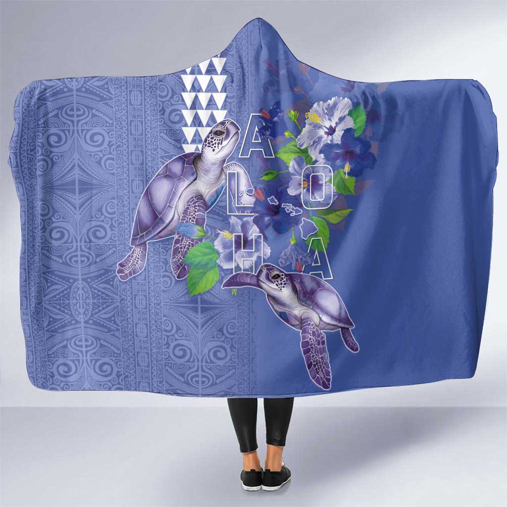 Hawaii Aloha Turtle Hibiscus and Leaves Hooded Blanket with Polynesian and Kakau Tattoos Denim Color - Polynesian Pride