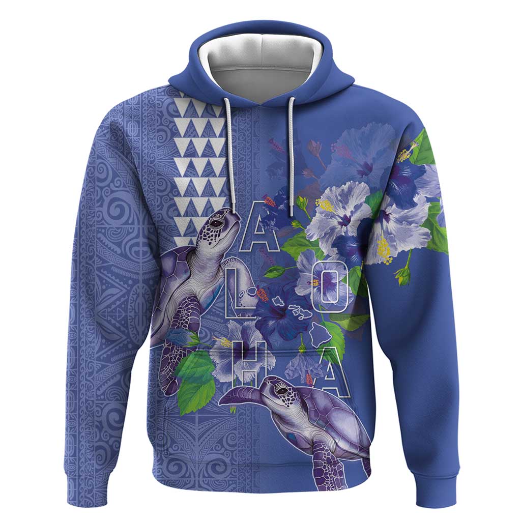 Hawaii Aloha Turtle Hibiscus and Leaves Hoodie with Polynesian and Kakau Tattoos Denim Color - Polynesian Pride