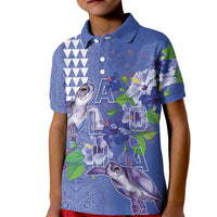 Hawaii Aloha Turtle Hibiscus and Leaves Kid Polo Shirt with Polynesian and Kakau Tattoos Denim Color - Polynesian Pride
