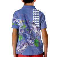 Hawaii Aloha Turtle Hibiscus and Leaves Kid Polo Shirt with Polynesian and Kakau Tattoos Denim Color - Polynesian Pride