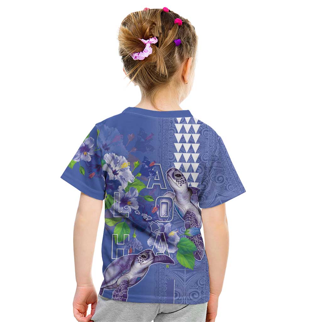 Hawaii Aloha Turtle Hibiscus and Leaves Kid T Shirt with Polynesian and Kakau Tattoos Denim Color - Polynesian Pride