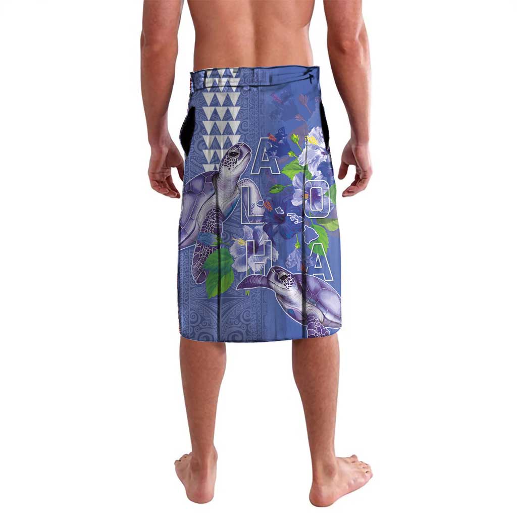 Hawaii Aloha Turtle Hibiscus and Leaves Lavalava with Polynesian and Kakau Tattoos Denim Color - Polynesian Pride