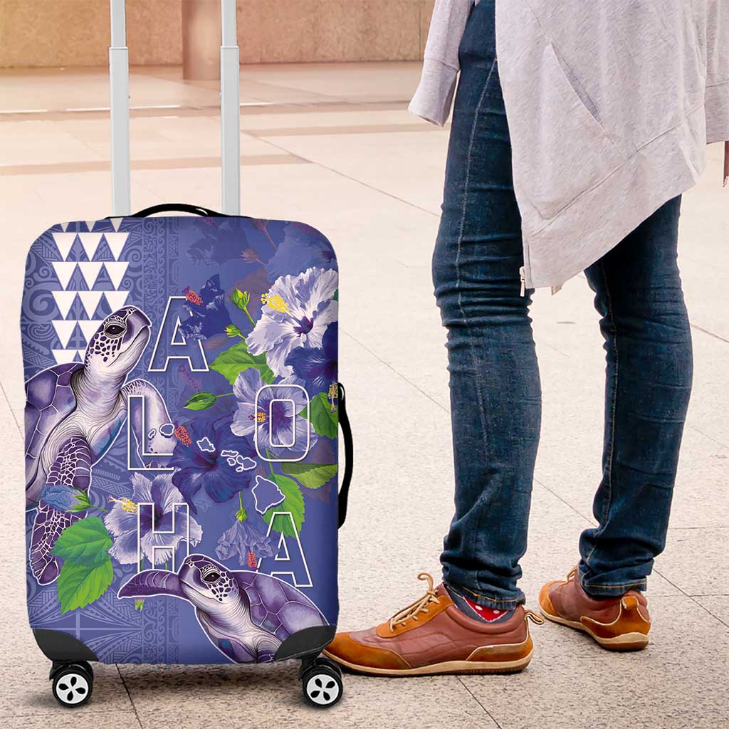 Hawaii Aloha Turtle Hibiscus and Leaves Luggage Cover with Polynesian and Kakau Tattoos Denim Color - Polynesian Pride