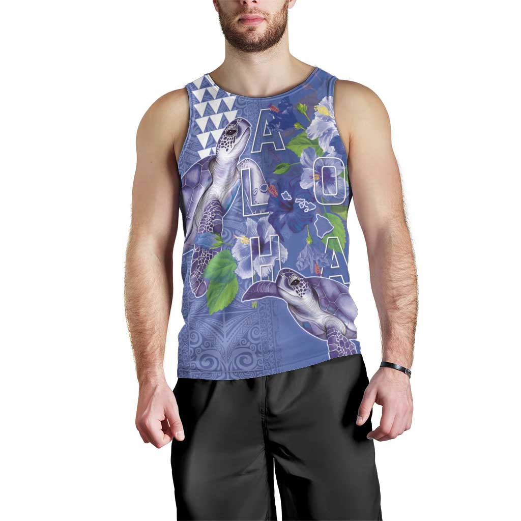Hawaii Aloha Turtle Hibiscus and Leaves Men Tank Top with Polynesian and Kakau Tattoos Denim Color LT03 - Polynesian Pride