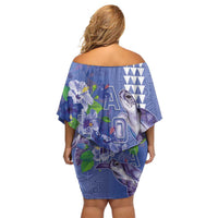 Hawaii Aloha Turtle Hibiscus and Leaves Off Shoulder Short Dress with Polynesian and Kakau Tattoos Denim Color - Polynesian Pride