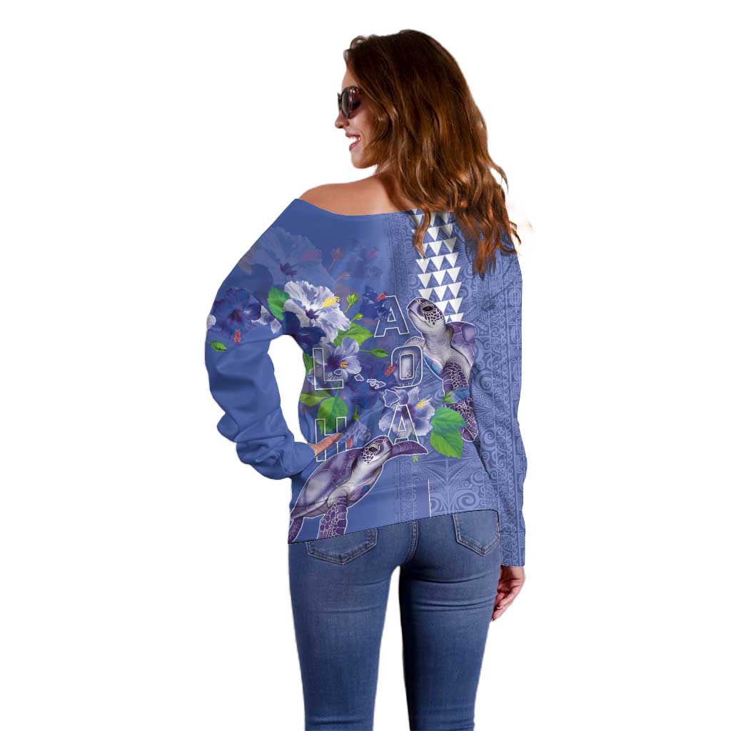 Hawaii Aloha Turtle Hibiscus and Leaves Off Shoulder Sweater with Polynesian and Kakau Tattoos Denim Color - Polynesian Pride