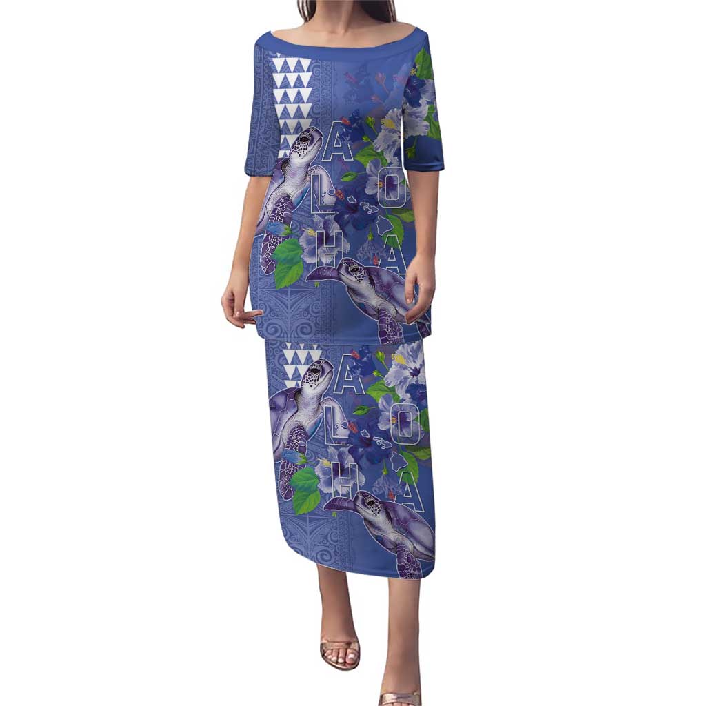 Hawaii Aloha Turtle Hibiscus and Leaves Puletasi with Polynesian and Kakau Tattoos Denim Color - Polynesian Pride