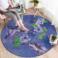 Hawaii Aloha Turtle Hibiscus and Leaves Round Carpet with Polynesian and Kakau Tattoos Denim Color LT03 - Polynesian Pride