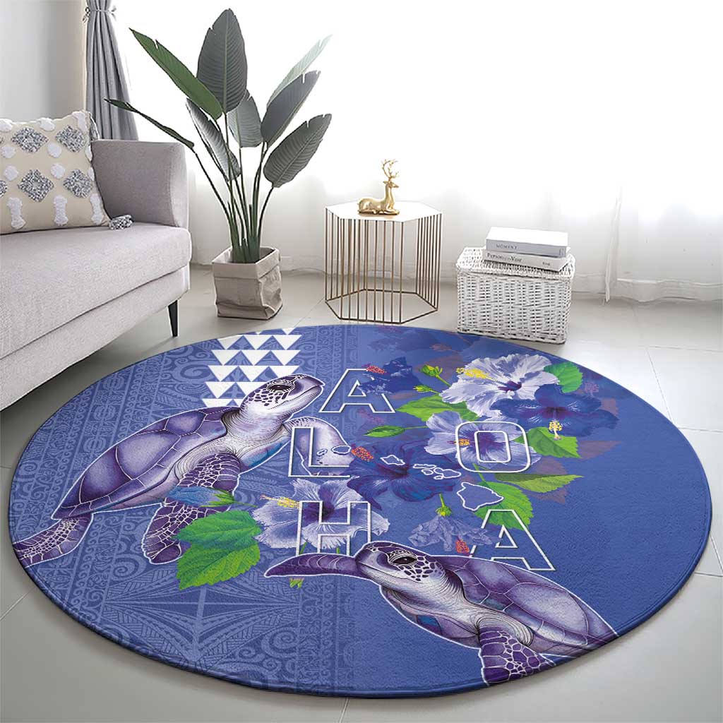 Hawaii Aloha Turtle Hibiscus and Leaves Round Carpet with Polynesian and Kakau Tattoos Denim Color LT03 - Polynesian Pride