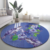 Hawaii Aloha Turtle Hibiscus and Leaves Round Carpet with Polynesian and Kakau Tattoos Denim Color LT03 - Polynesian Pride