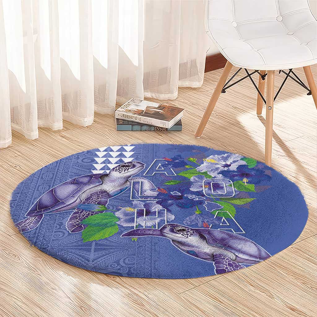 Hawaii Aloha Turtle Hibiscus and Leaves Round Carpet with Polynesian and Kakau Tattoos Denim Color LT03 - Polynesian Pride