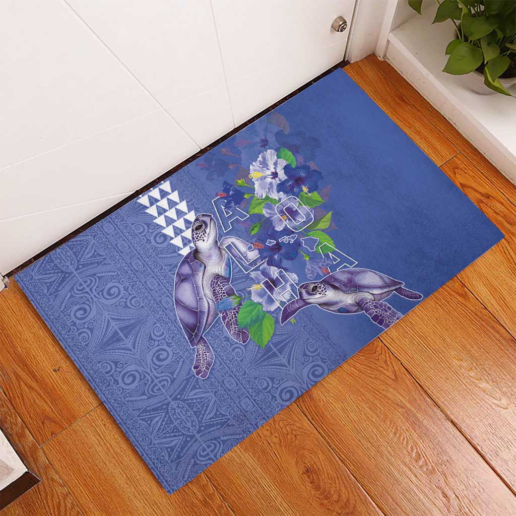 Hawaii Aloha Turtle Hibiscus and Leaves Rubber Doormat with Polynesian and Kakau Tattoos Denim Color - Polynesian Pride