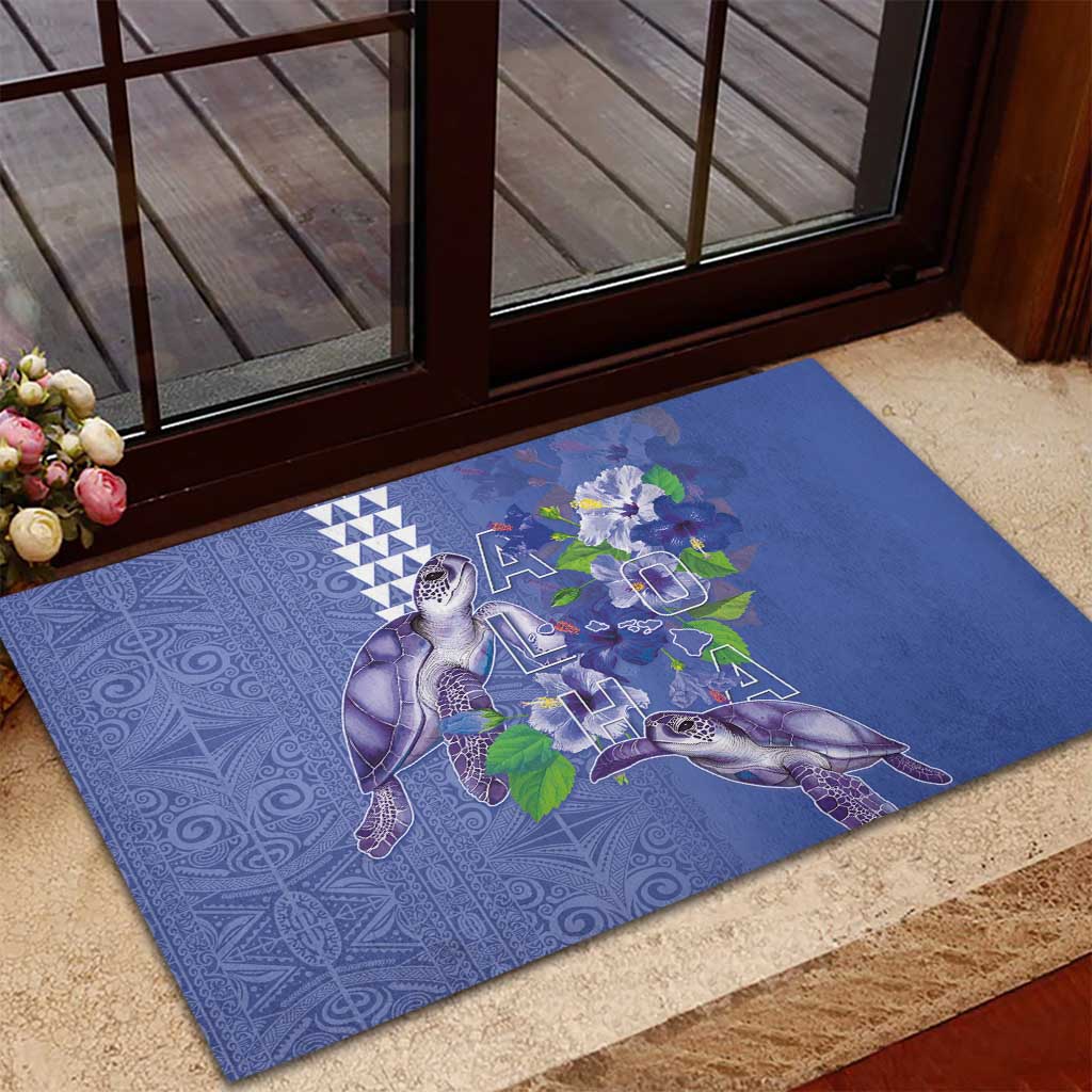 Hawaii Aloha Turtle Hibiscus and Leaves Rubber Doormat with Polynesian and Kakau Tattoos Denim Color - Polynesian Pride