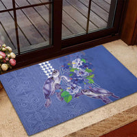 Hawaii Aloha Turtle Hibiscus and Leaves Rubber Doormat with Polynesian and Kakau Tattoos Denim Color - Polynesian Pride