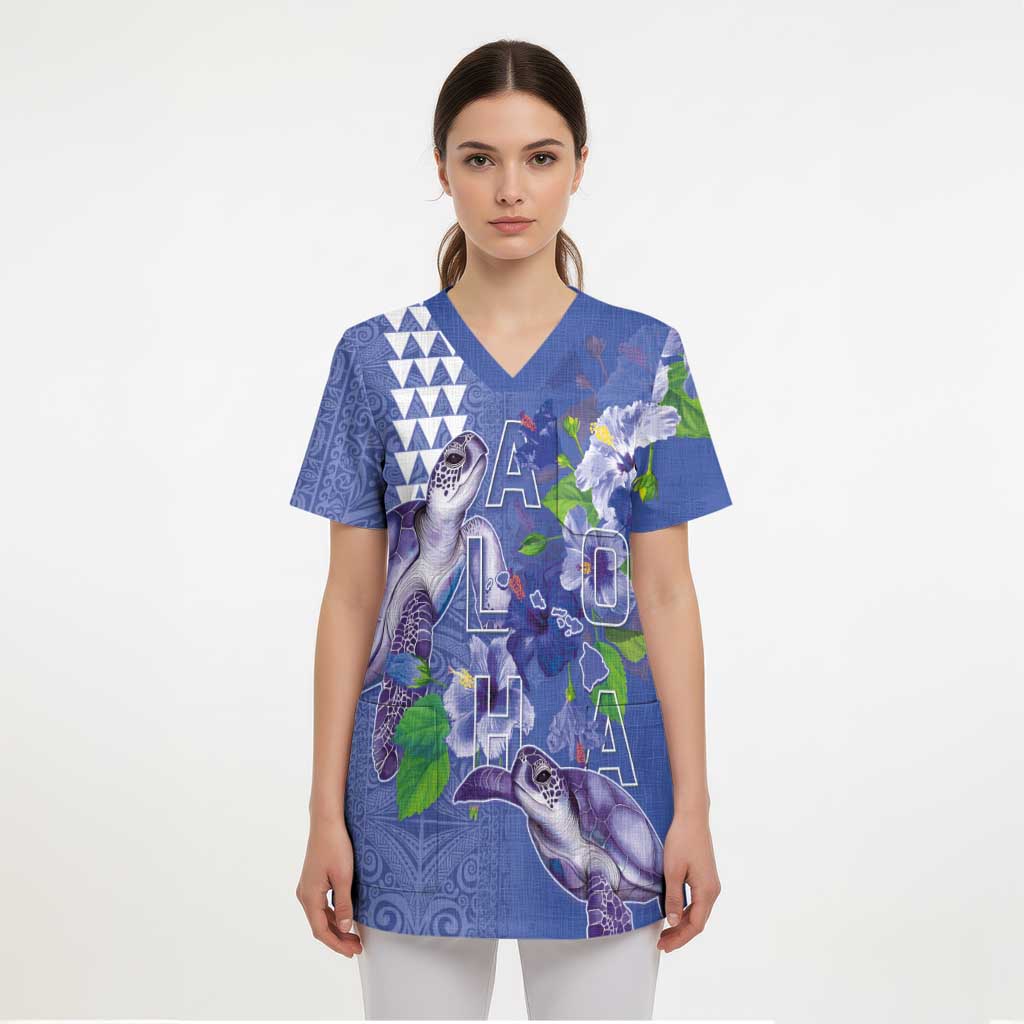 Hawaii Aloha Turtle Hibiscus and Leaves Scrub Top with Polynesian and Kakau Tattoos Denim Color - Polynesian Pride