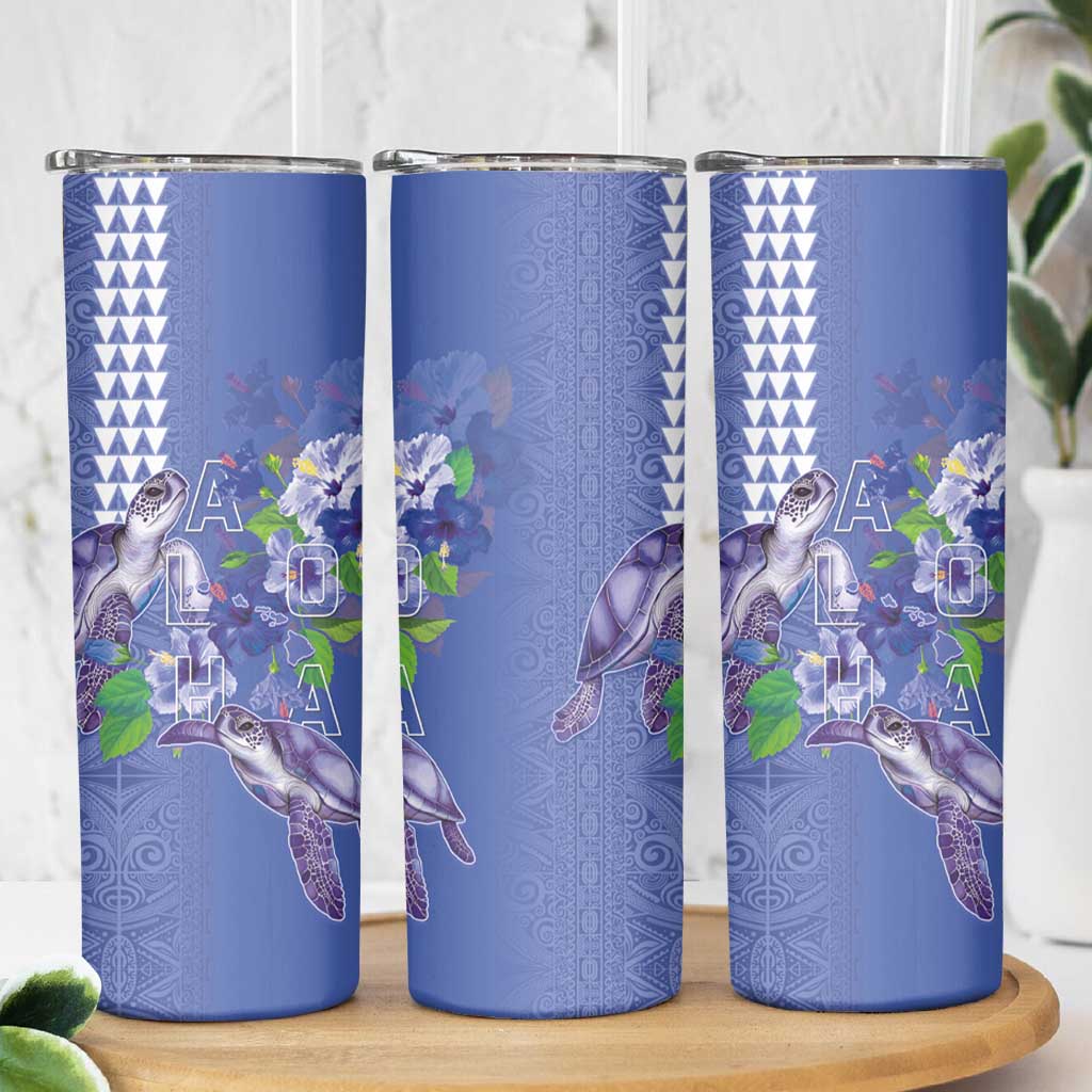 Hawaii Aloha Turtle Hibiscus and Leaves Skinny Tumbler with Polynesian and Kakau Tattoos Denim Color - Polynesian Pride