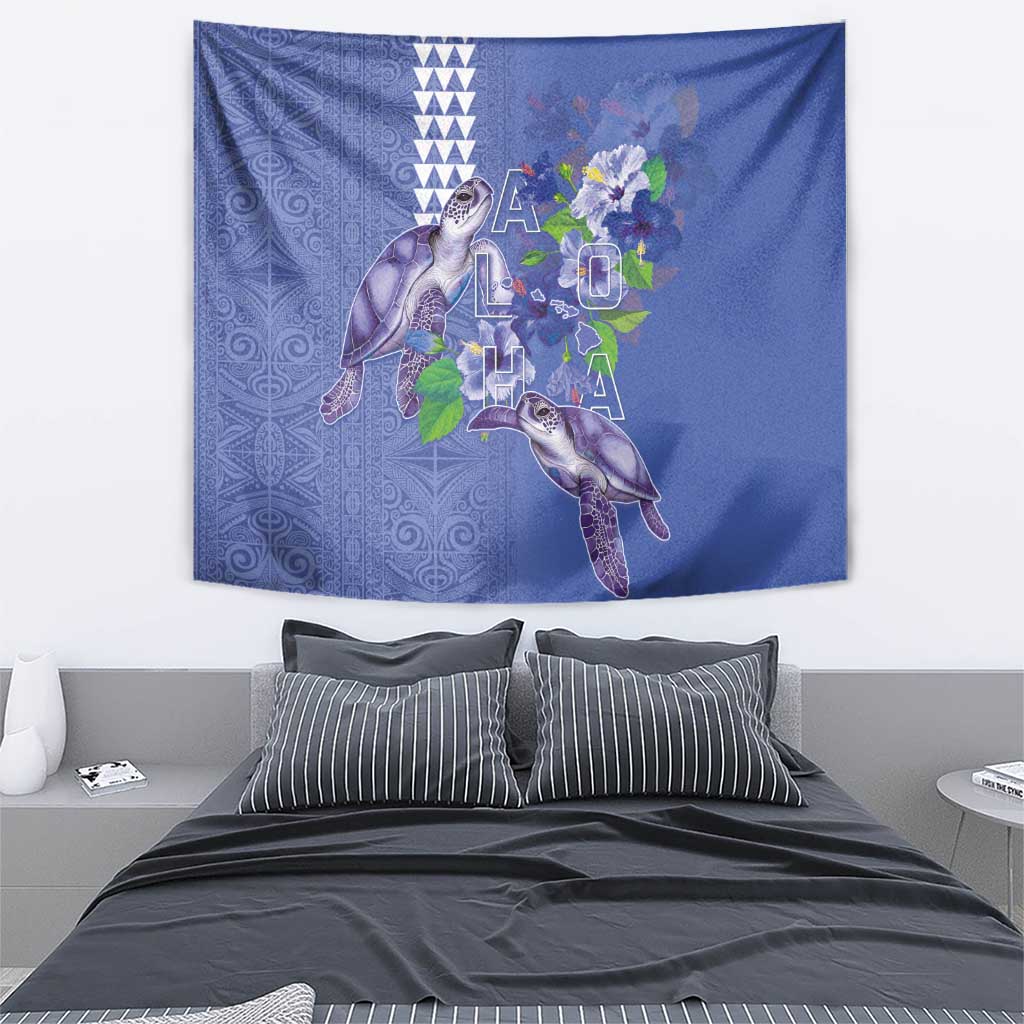 Hawaii Aloha Turtle Hibiscus and Leaves Tapestry with Polynesian and Kakau Tattoos Denim Color - Polynesian Pride