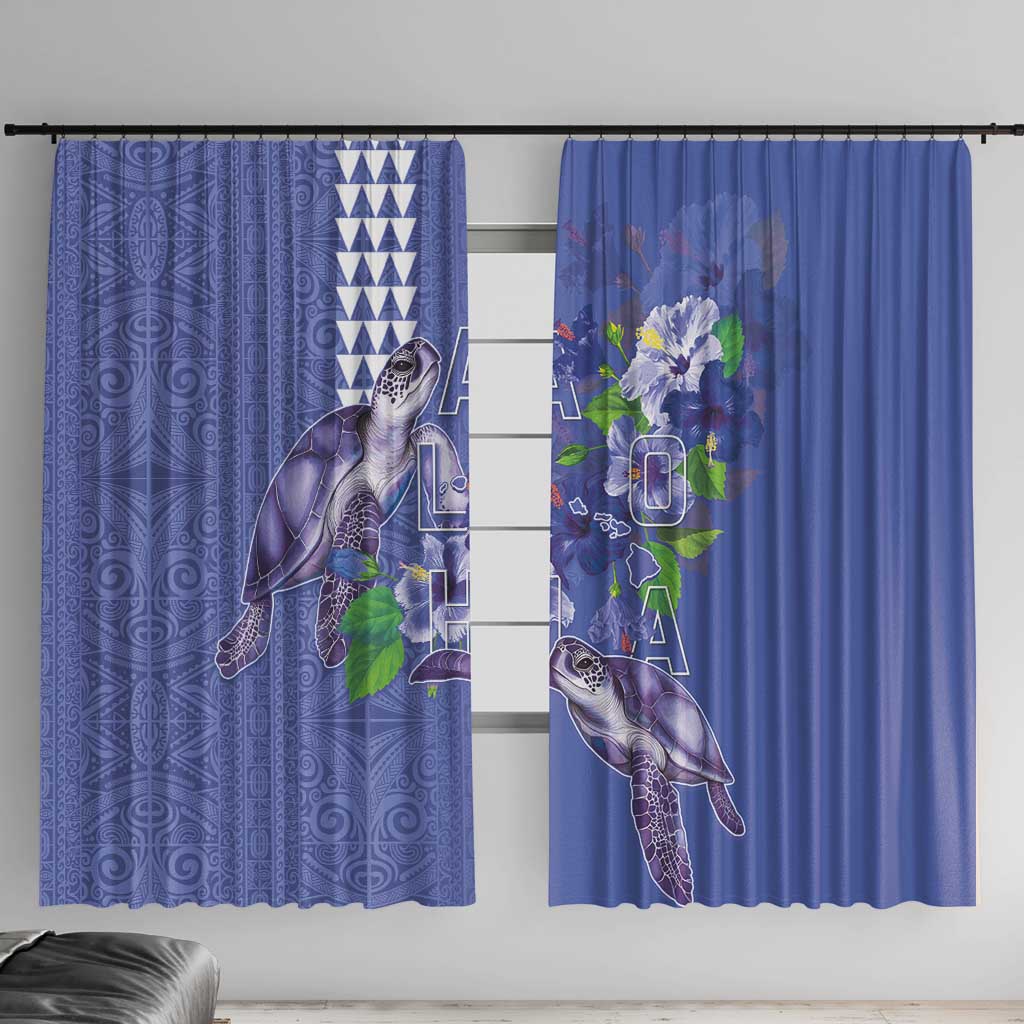Hawaii Aloha Turtle Hibiscus and Leaves Window Curtain with Polynesian and Kakau Tattoos Denim Color LT03 With Hooks Blue - Polynesian Pride