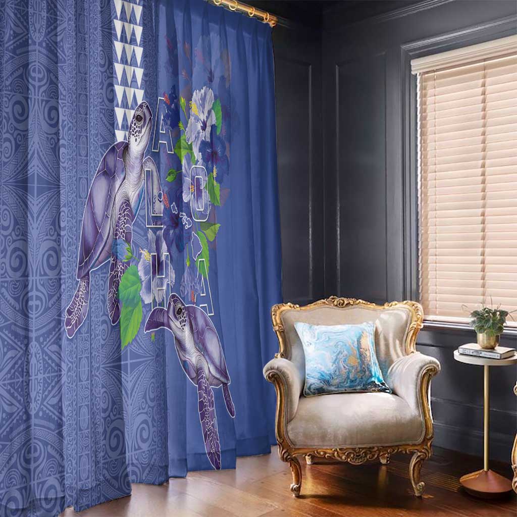 Hawaii Aloha Turtle Hibiscus and Leaves Window Curtain with Polynesian and Kakau Tattoos Denim Color LT03 - Polynesian Pride
