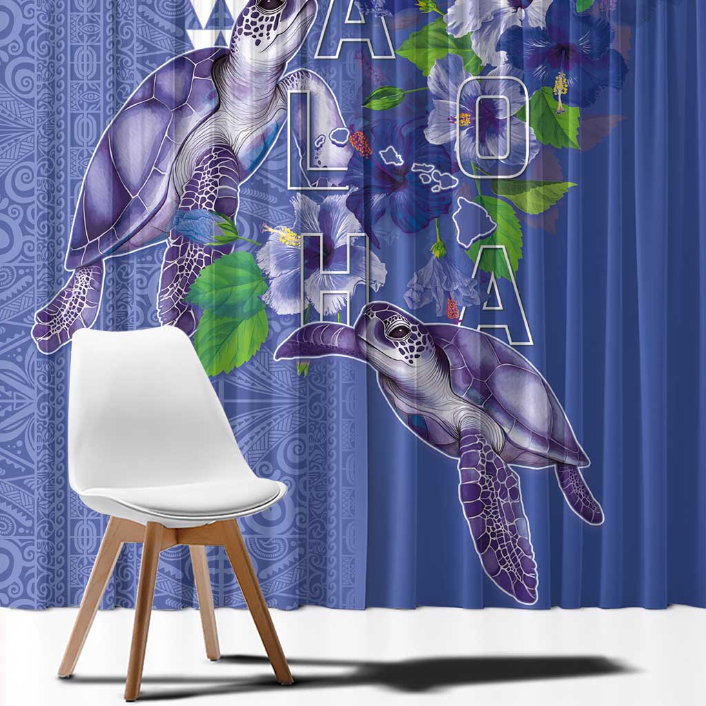 Hawaii Aloha Turtle Hibiscus and Leaves Window Curtain with Polynesian and Kakau Tattoos Denim Color LT03 - Polynesian Pride