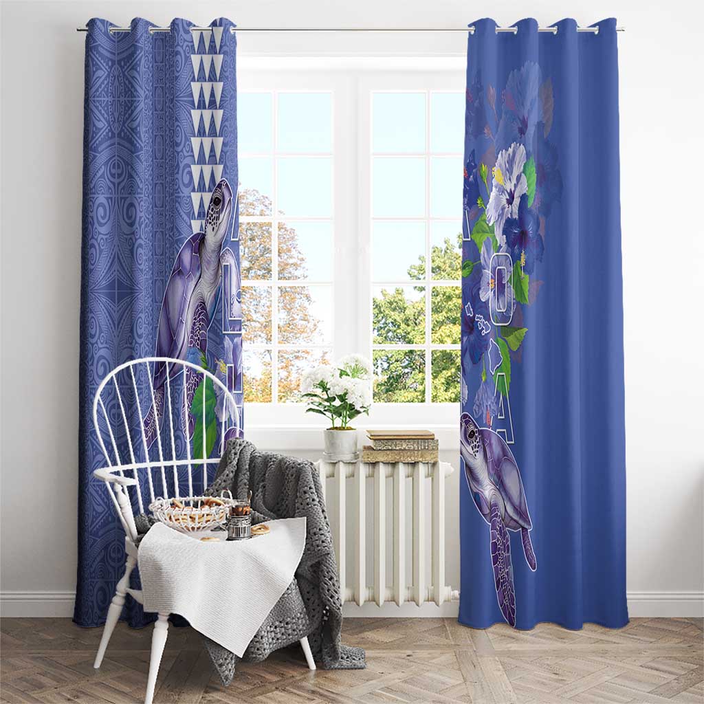 Hawaii Aloha Turtle Hibiscus and Leaves Window Curtain with Polynesian and Kakau Tattoos Denim Color LT03 - Polynesian Pride