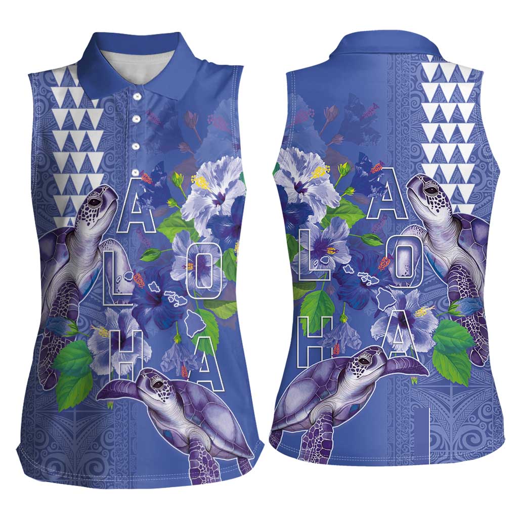 Hawaii Aloha Turtle Hibiscus and Leaves Women Sleeveless Polo Shirt with Polynesian and Kakau Tattoos Denim Color - Polynesian Pride