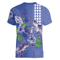 Hawaii Aloha Turtle Hibiscus and Leaves Women V-Neck T-Shirt with Polynesian and Kakau Tattoos Denim Color - Polynesian Pride