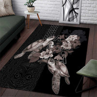 Hawaii Aloha Turtle Hibiscus and Leaves Area Rug with Polynesian and Kakau Tattoos Black Color - Polynesian Pride