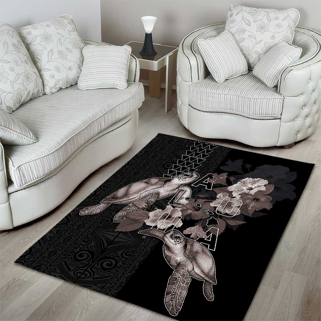 Hawaii Aloha Turtle Hibiscus and Leaves Area Rug with Polynesian and Kakau Tattoos Black Color - Polynesian Pride