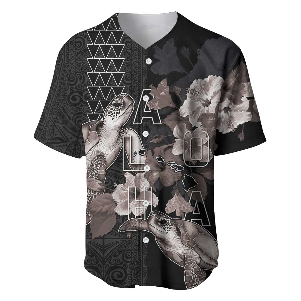 Hawaii Aloha Turtle Hibiscus and Leaves Baseball Jersey with Polynesian and Kakau Tattoos Black Color LT03 Black - Polynesian Pride