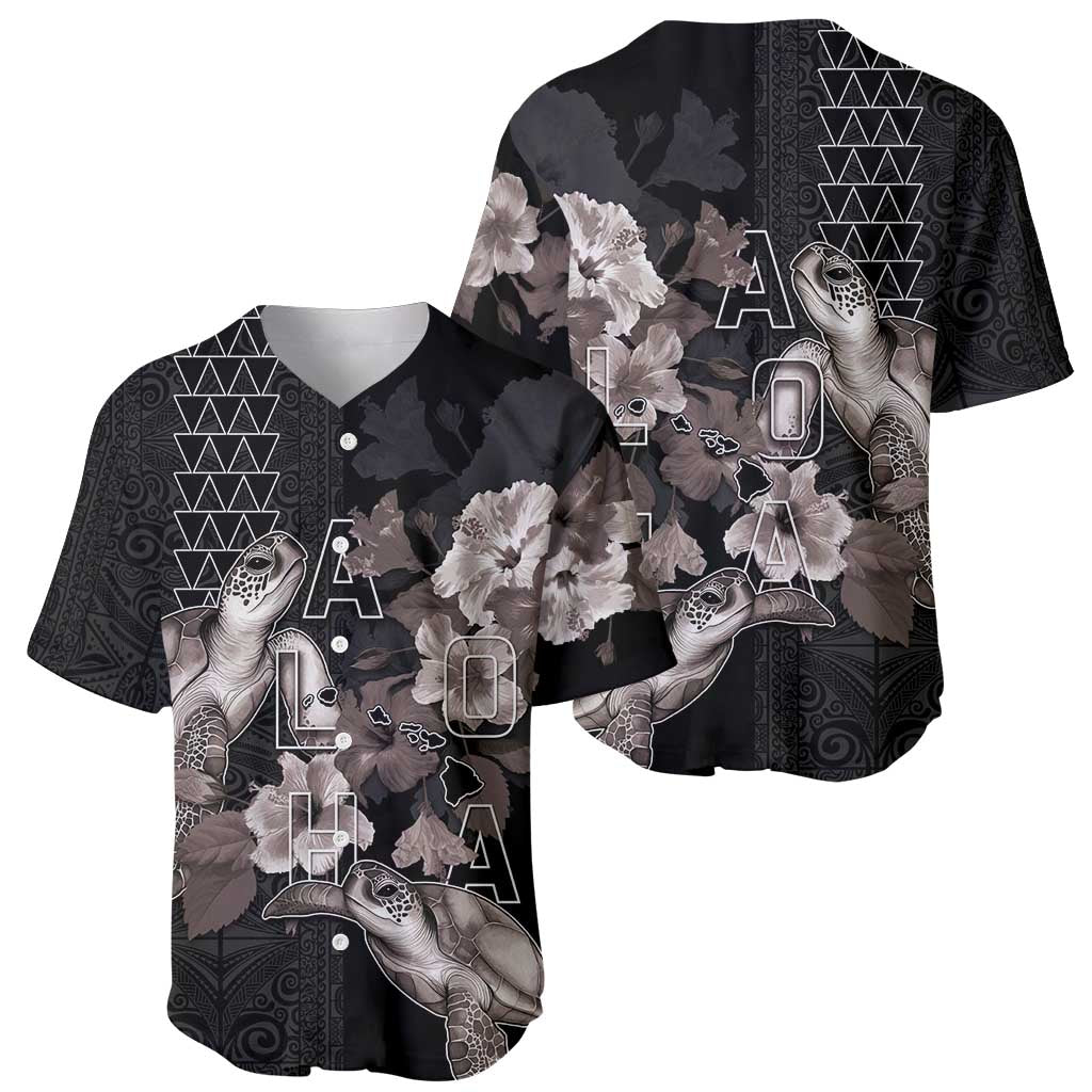 Hawaii Aloha Turtle Hibiscus and Leaves Baseball Jersey with Polynesian and Kakau Tattoos Black Color LT03 - Polynesian Pride