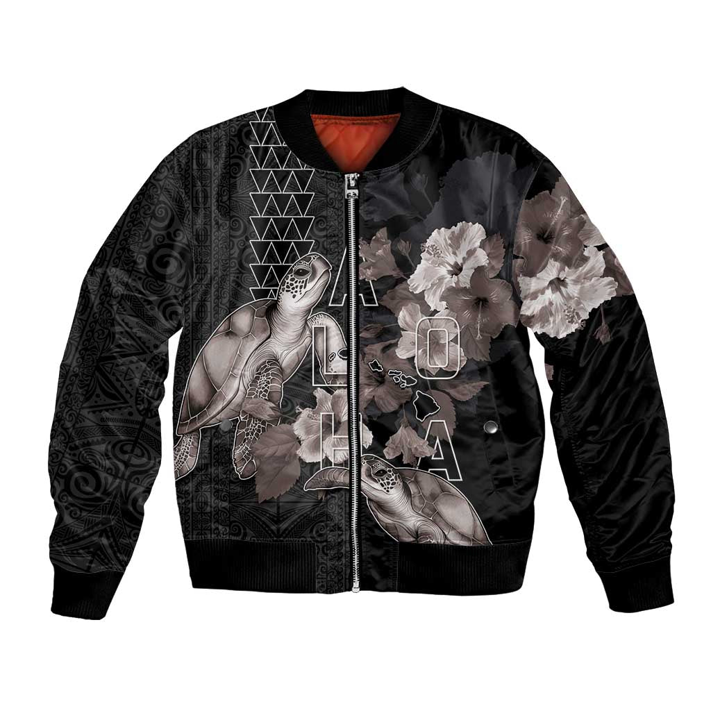 Hawaii Aloha Turtle Hibiscus and Leaves Bomber Jacket with Polynesian and Kakau Tattoos Black Color - Polynesian Pride
