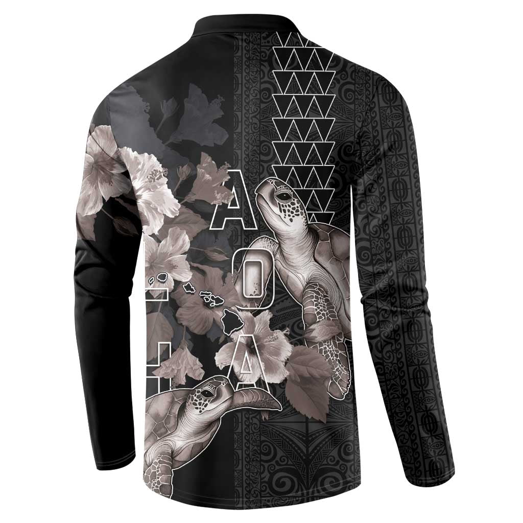 Hawaii Aloha Turtle Hibiscus and Leaves Button Sweatshirt with Polynesian and Kakau Tattoos Black Color - Polynesian Pride
