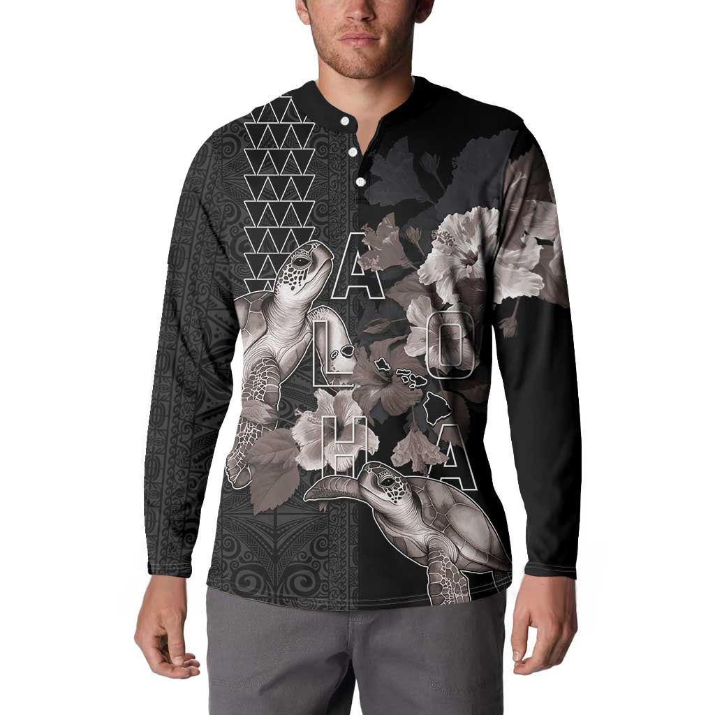 Hawaii Aloha Turtle Hibiscus and Leaves Button Sweatshirt with Polynesian and Kakau Tattoos Black Color - Polynesian Pride