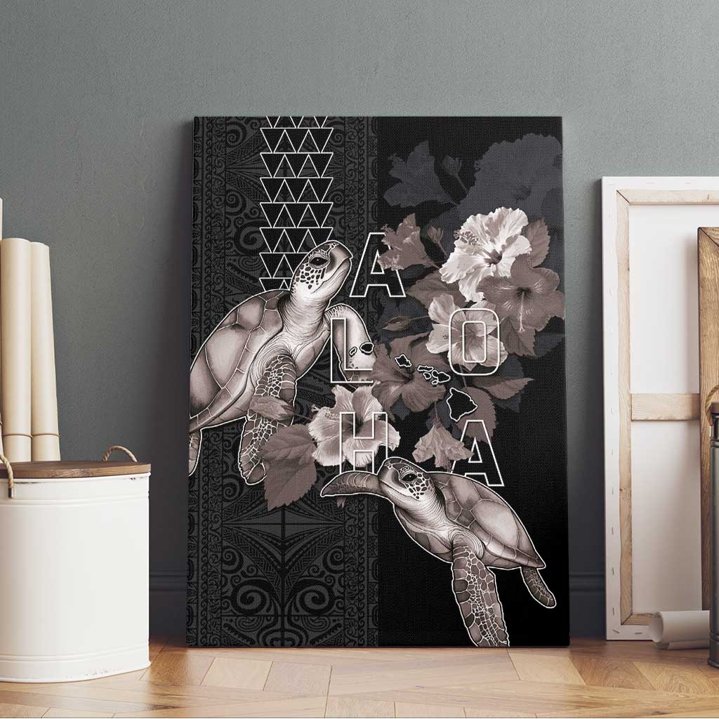 Hawaii Aloha Turtle Hibiscus and Leaves Canvas Wall Art with Polynesian and Kakau Tattoos Black Color - Polynesian Pride