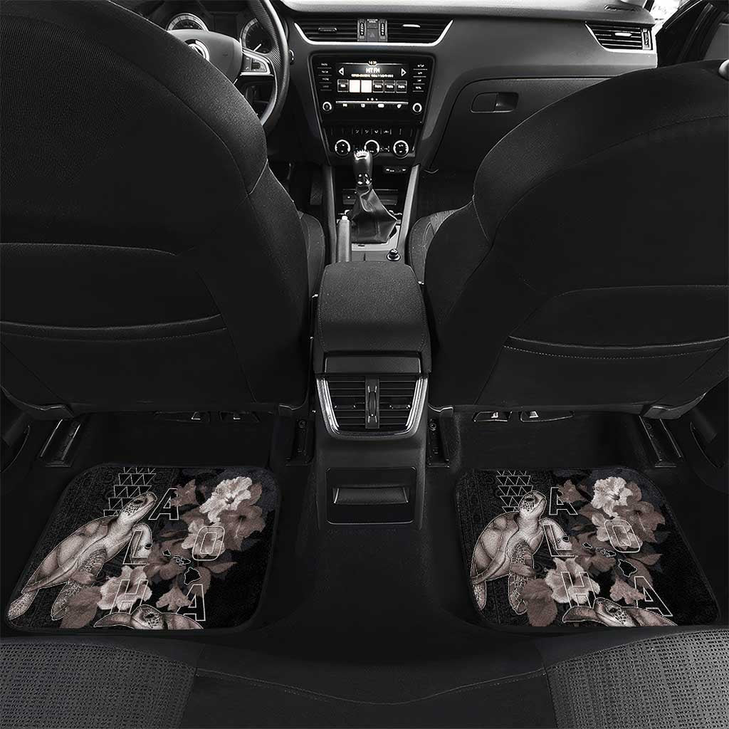 Hawaii Aloha Turtle Hibiscus and Leaves Car Mats with Polynesian and Kakau Tattoos Black Color - Polynesian Pride