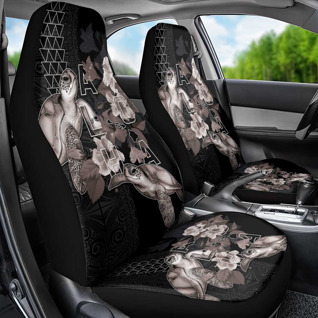 Hawaii Aloha Turtle Hibiscus and Leaves Car Seat Cover with Polynesian and Kakau Tattoos Black Color - Polynesian Pride