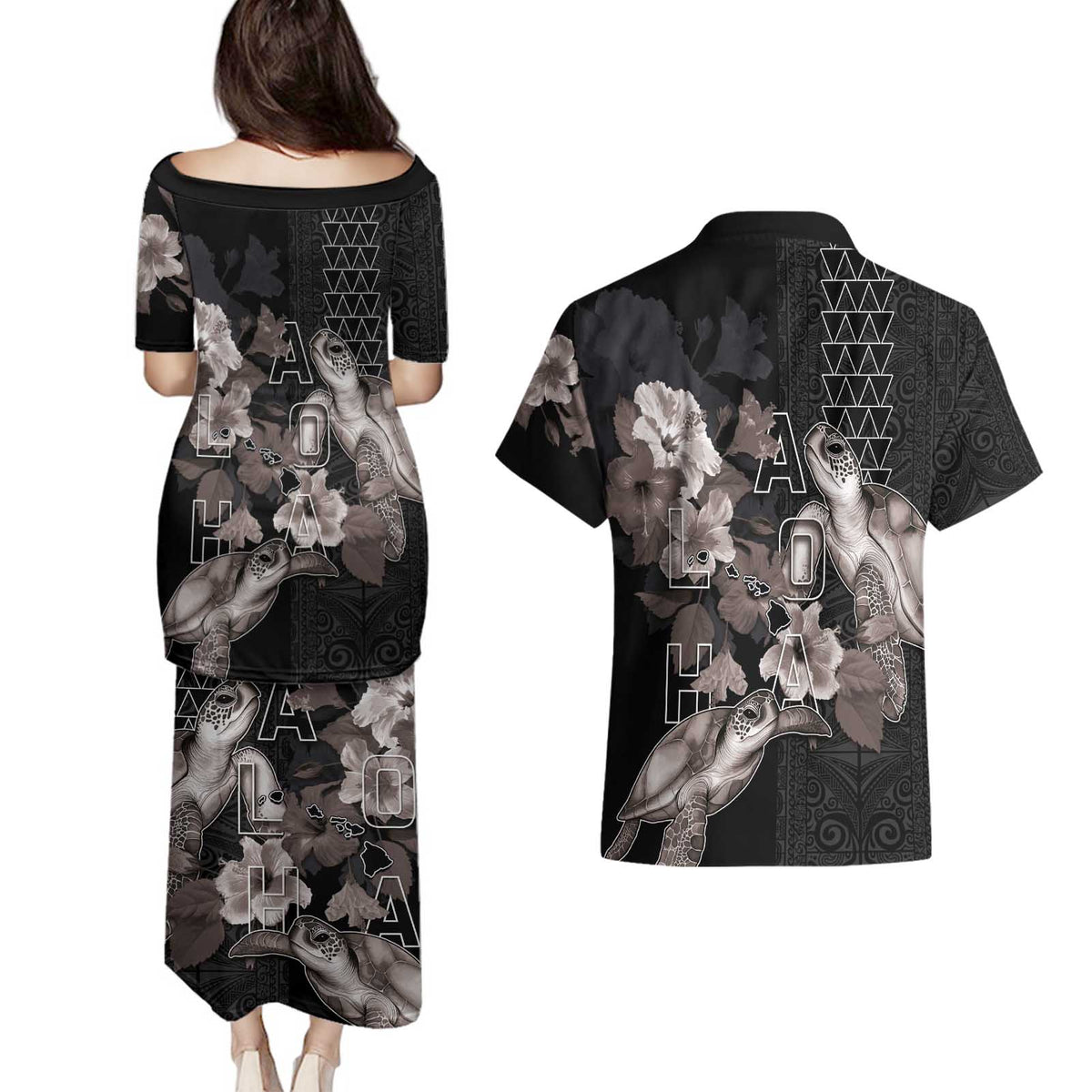 Hawaii Aloha Turtle Hibiscus and Leaves Couples Matching Puletasi and Hawaiian Shirt with Polynesian and Kakau Tattoos Black Color - Polynesian Pride