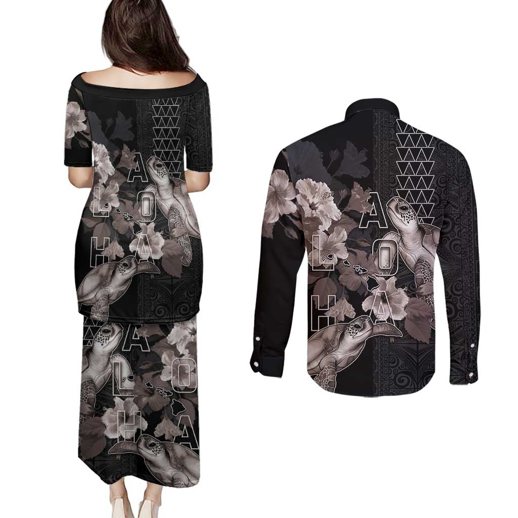 Hawaii Aloha Turtle Hibiscus and Leaves Couples Matching Puletasi and Long Sleeve Button Shirt with Polynesian and Kakau Tattoos Black Color - Polynesian Pride
