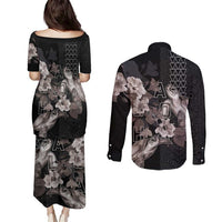 Hawaii Aloha Turtle Hibiscus and Leaves Couples Matching Puletasi and Long Sleeve Button Shirt with Polynesian and Kakau Tattoos Black Color - Polynesian Pride