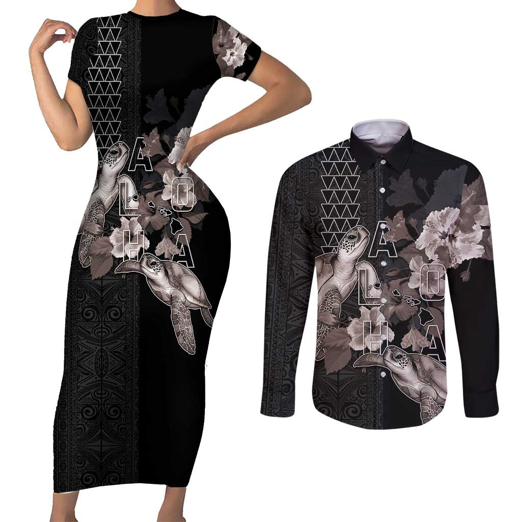 Hawaii Aloha Turtle Hibiscus and Leaves Couples Matching Short Sleeve Bodycon Dress and Long Sleeve Button Shirt with Polynesian and Kakau Tattoos Black Color - Polynesian Pride