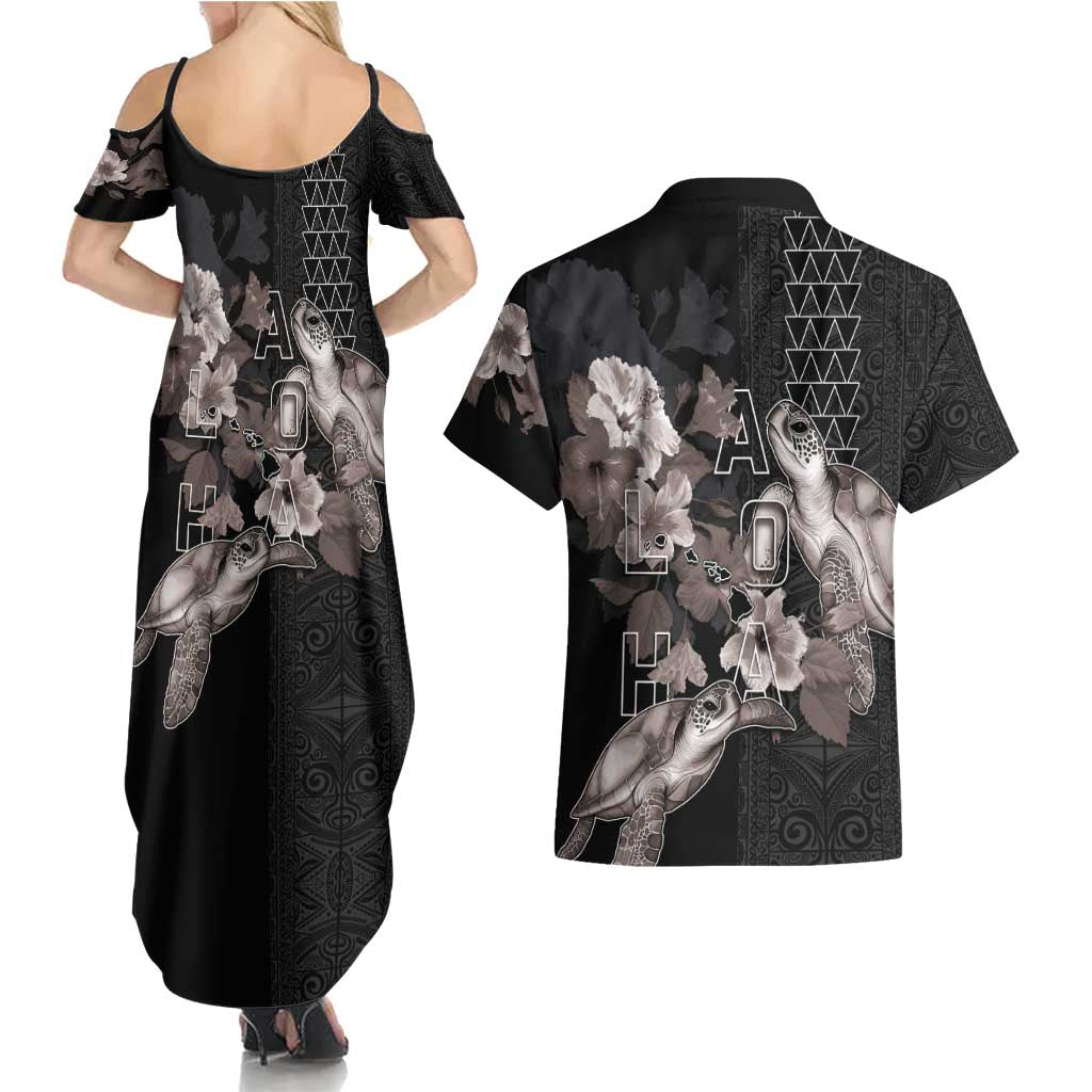 Hawaii Aloha Turtle Hibiscus and Leaves Couples Matching Summer Maxi Dress and Hawaiian Shirt with Polynesian and Kakau Tattoos Black Color - Polynesian Pride