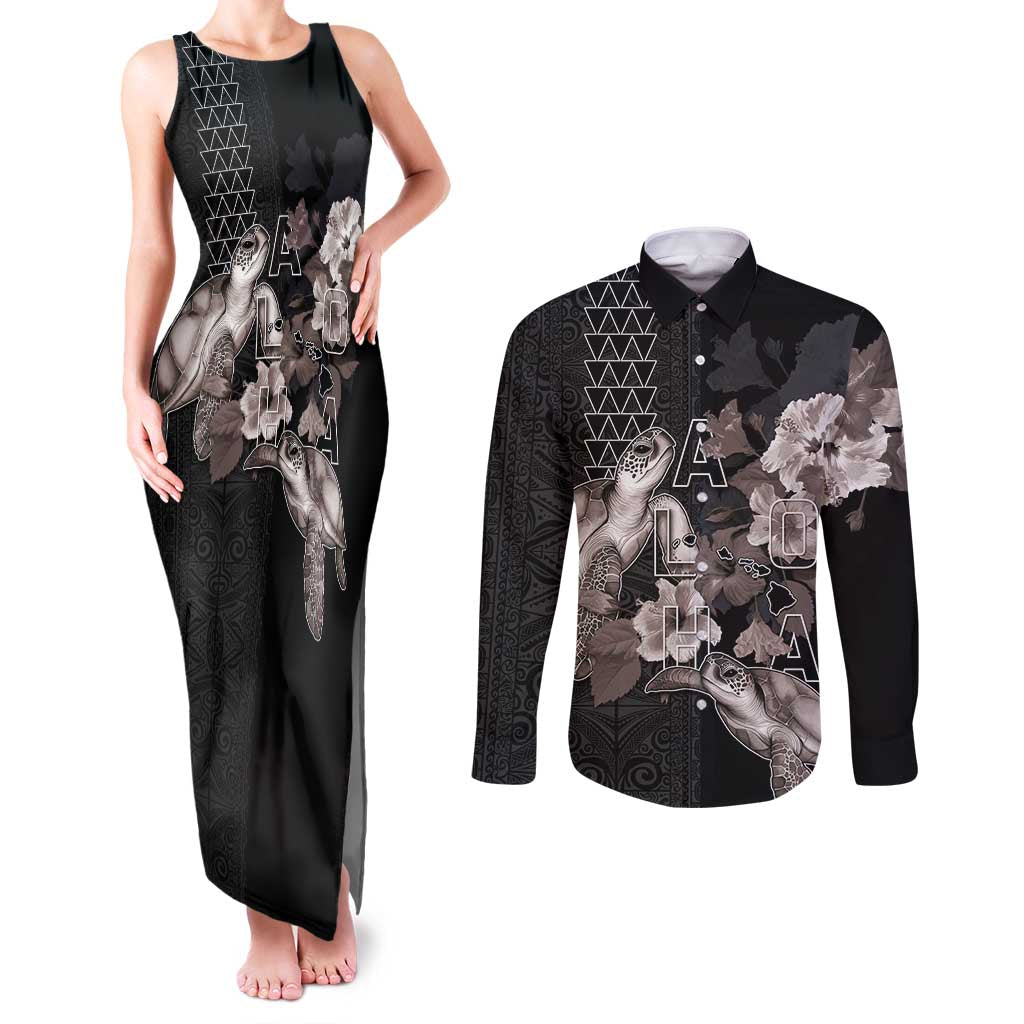 Hawaii Aloha Turtle Hibiscus and Leaves Couples Matching Tank Maxi Dress and Long Sleeve Button Shirt with Polynesian and Kakau Tattoos Black Color - Polynesian Pride