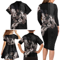 Hawaii Aloha Turtle Hibiscus and Leaves Family Matching Long Sleeve Bodycon Dress and Hawaiian Shirt with Polynesian and Kakau Tattoos Black Color - Polynesian Pride