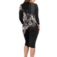 Hawaii Aloha Turtle Hibiscus and Leaves Family Matching Long Sleeve Bodycon Dress and Hawaiian Shirt with Polynesian and Kakau Tattoos Black Color - Polynesian Pride