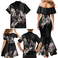 Hawaii Aloha Turtle Hibiscus and Leaves Family Matching Mermaid Dress and Hawaiian Shirt with Polynesian and Kakau Tattoos Black Color - Polynesian Pride