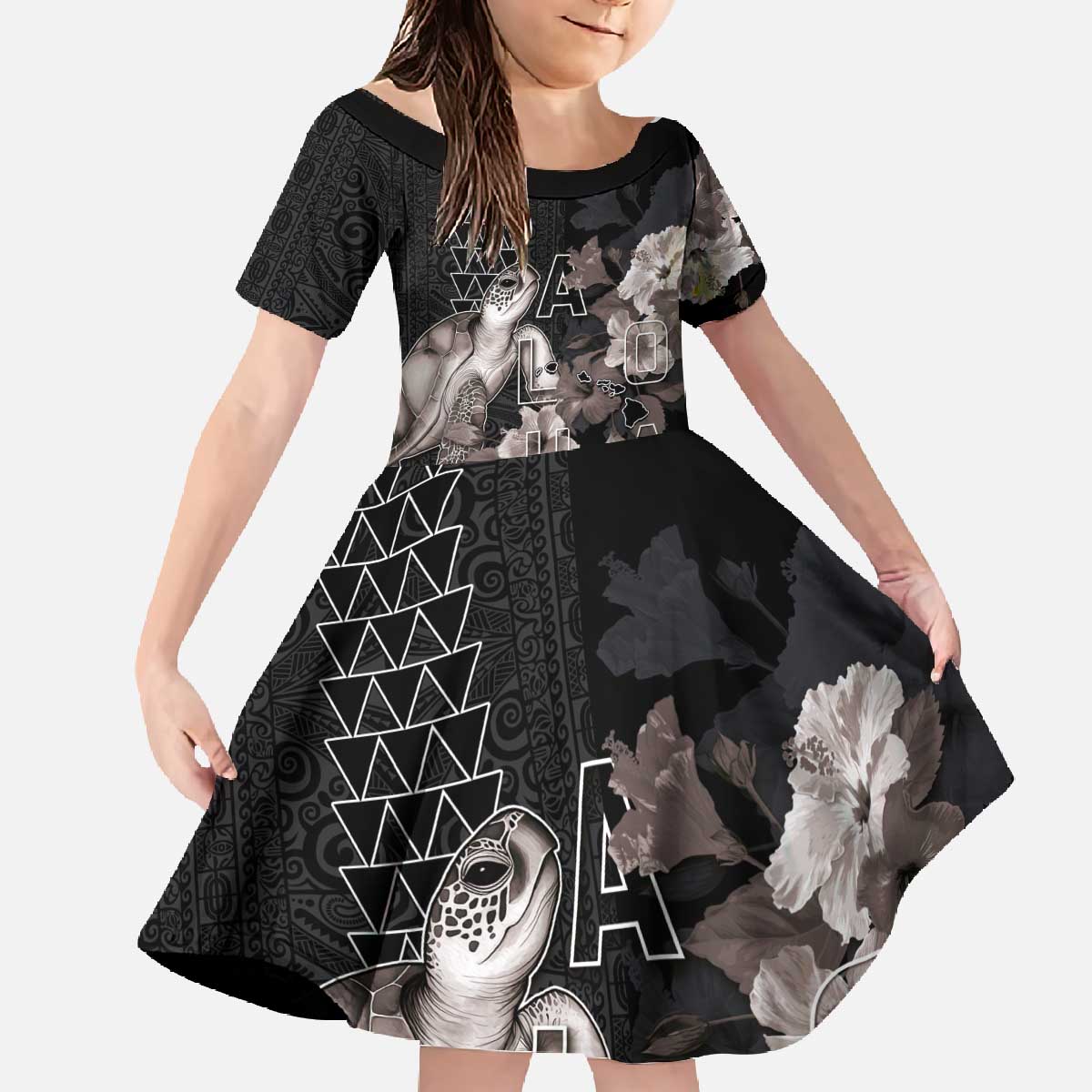 Hawaii Aloha Turtle Hibiscus and Leaves Family Matching Off The Shoulder Long Sleeve Dress and Hawaiian Shirt with Polynesian and Kakau Tattoos Black Color - Polynesian Pride