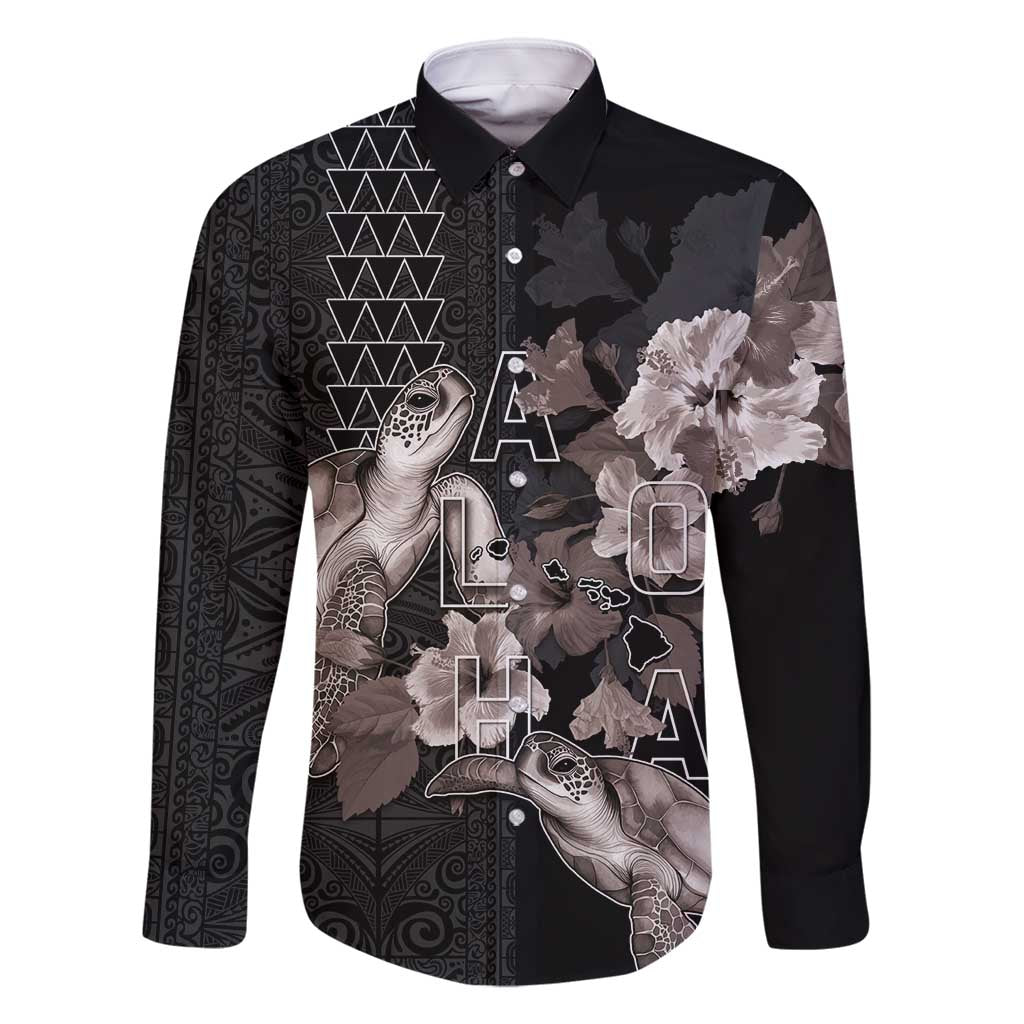 Hawaii Aloha Turtle Hibiscus and Leaves Family Matching Off Shoulder Maxi Dress and Hawaiian Shirt with Polynesian and Kakau Tattoos Black Color - Polynesian Pride