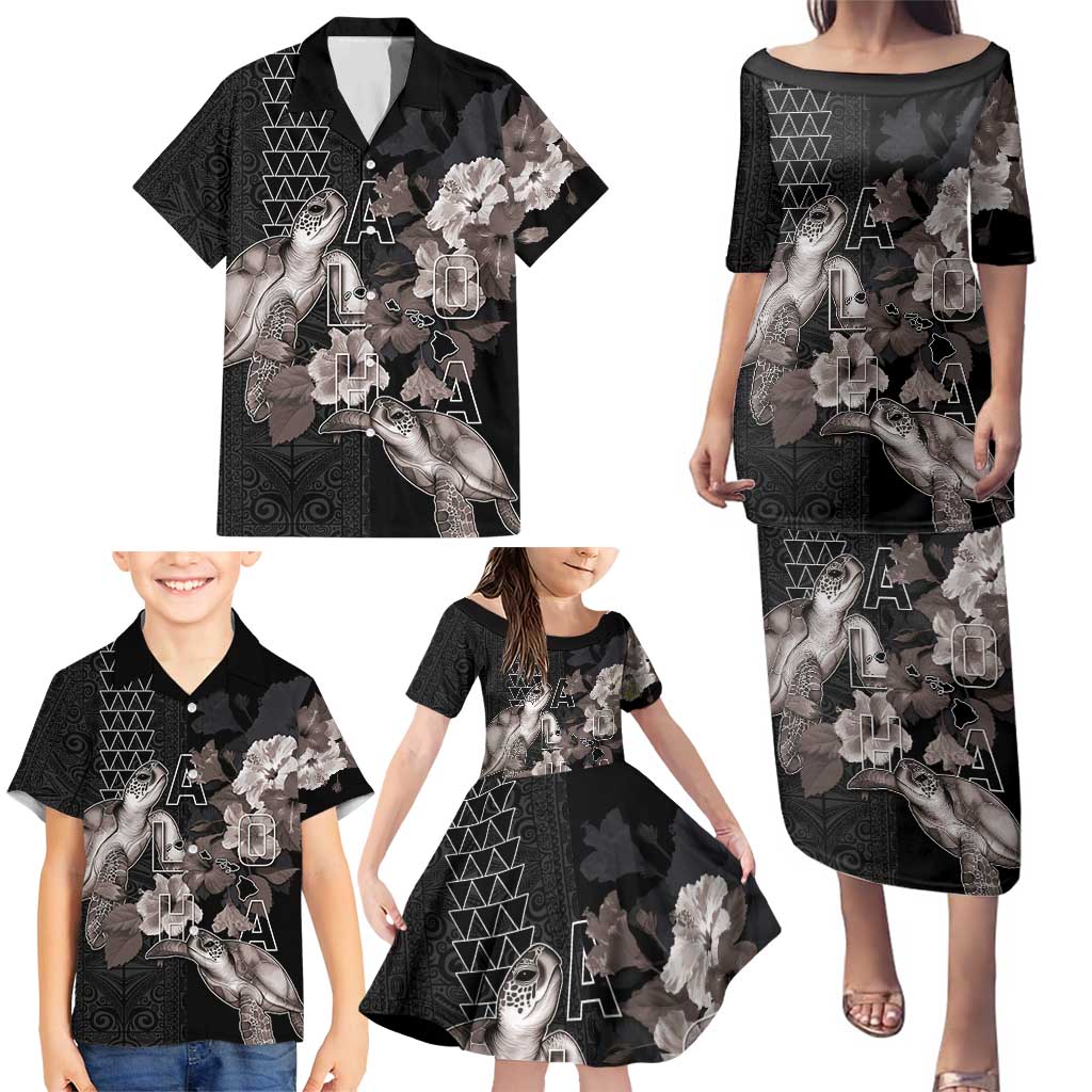 Hawaii Aloha Turtle Hibiscus and Leaves Family Matching Puletasi and Hawaiian Shirt with Polynesian and Kakau Tattoos Black Color - Polynesian Pride
