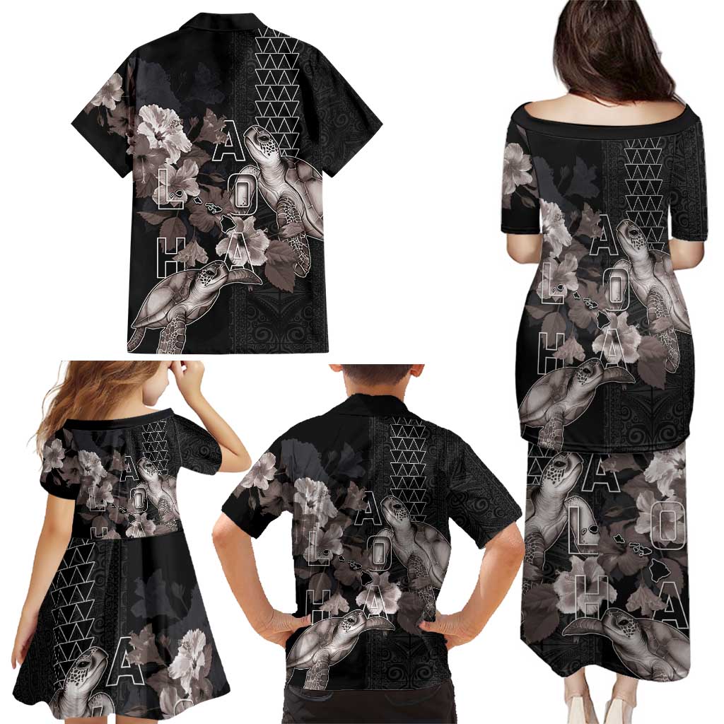 Hawaii Aloha Turtle Hibiscus and Leaves Family Matching Puletasi and Hawaiian Shirt with Polynesian and Kakau Tattoos Black Color - Polynesian Pride